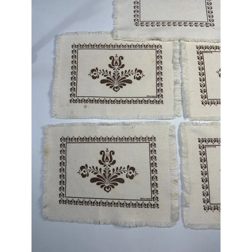 VTG Pfaltzgraff Village Placemats Brown Cream Floral Fringed Farmhouse Set of 5